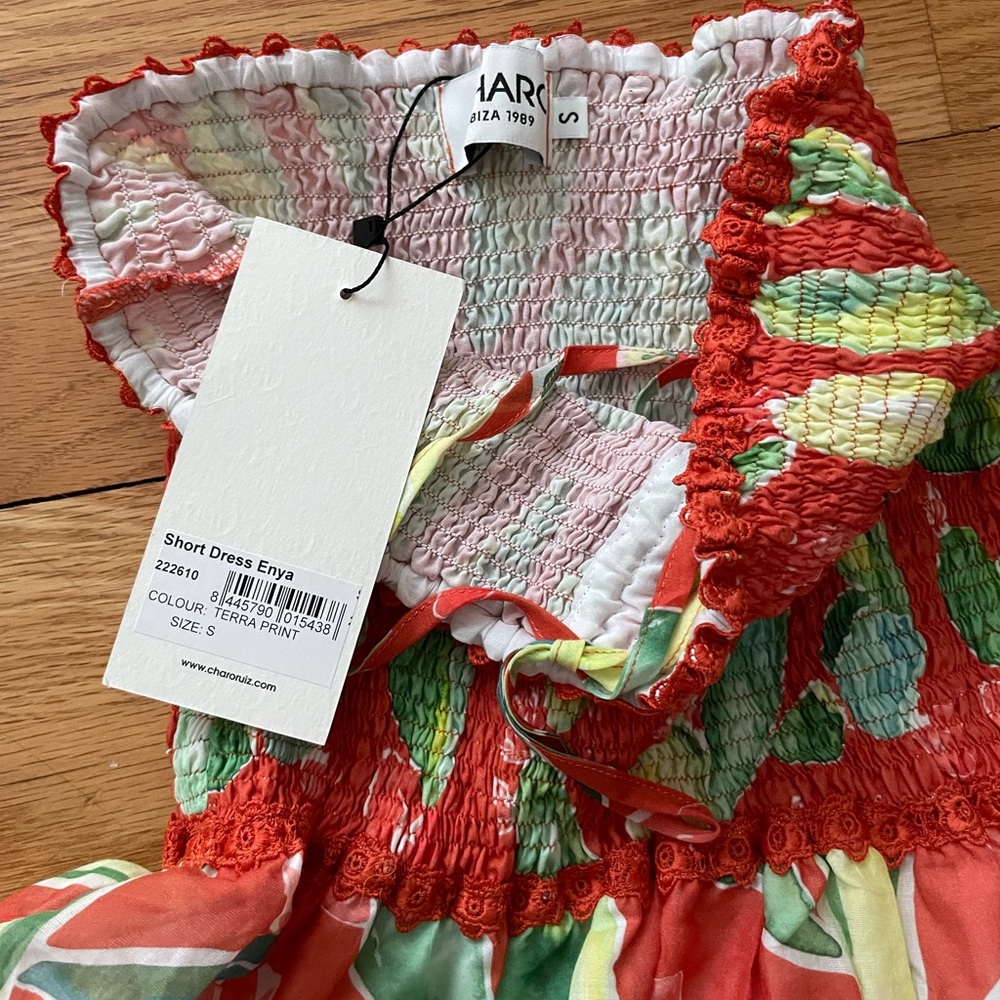 Charo Ruiz Strapless Mini Dress in Orange and Light Green Print - Picture 3 of 6